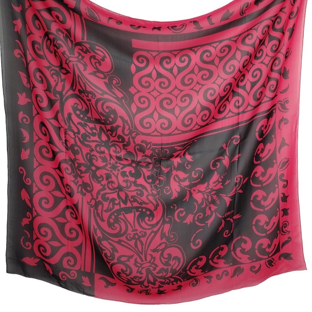 Silk Chiffon Scarf Shawl Square Magenta Black Floral Scroll 42"